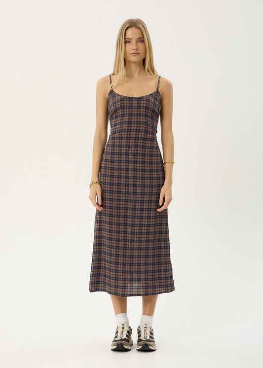 Afends Rumi Seersucker Midi Dress Shev Indigo Check