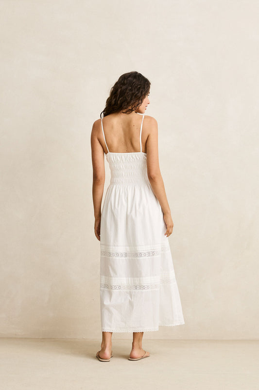 Rhythm Broderie Lace White Gathered Midi Dress