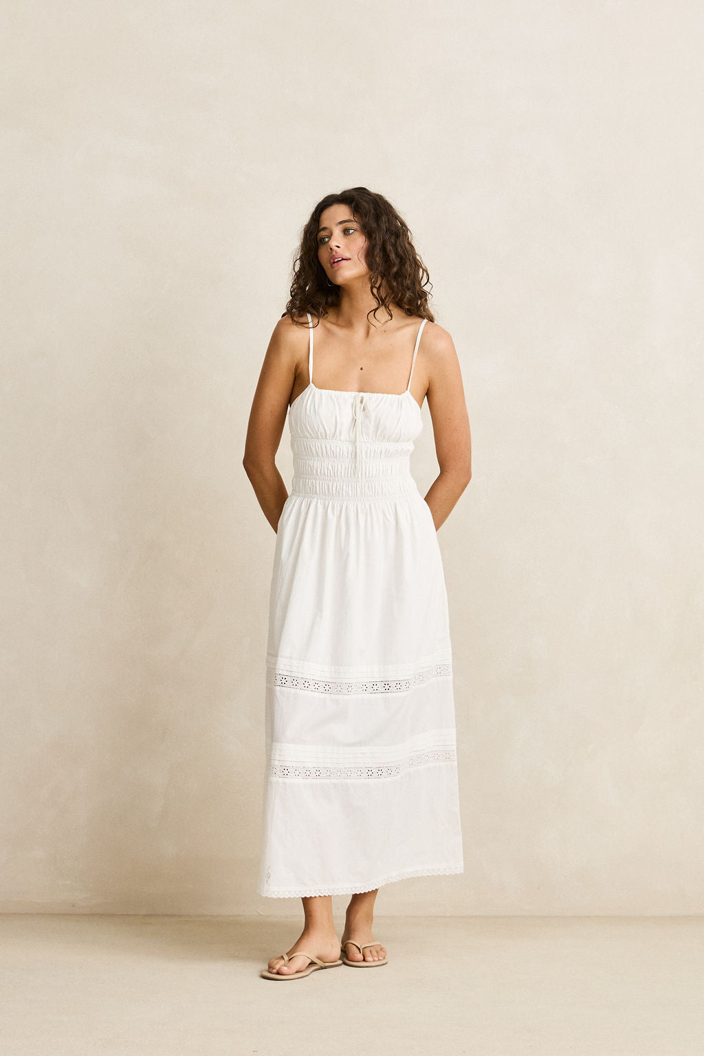 Rhythm Broderie Lace White Gathered Midi Dress
