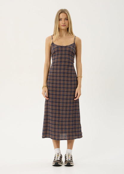 Afends Rumi Seersucker Midi Dress Shev Indigo Check