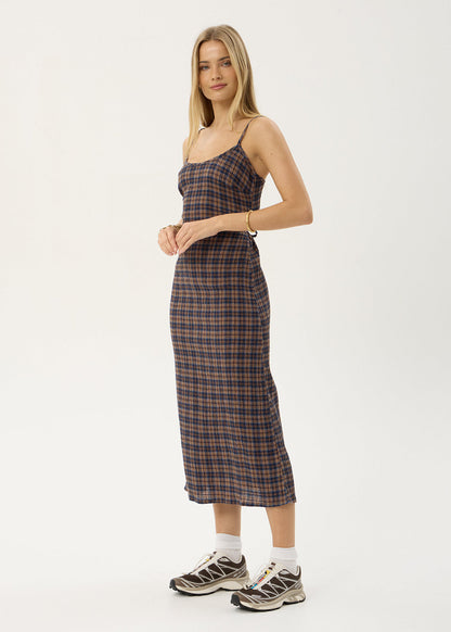 Afends Rumi Seersucker Midi Dress Shev Indigo Check