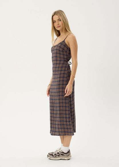 Afends Rumi Seersucker Midi Dress Shev Indigo Check