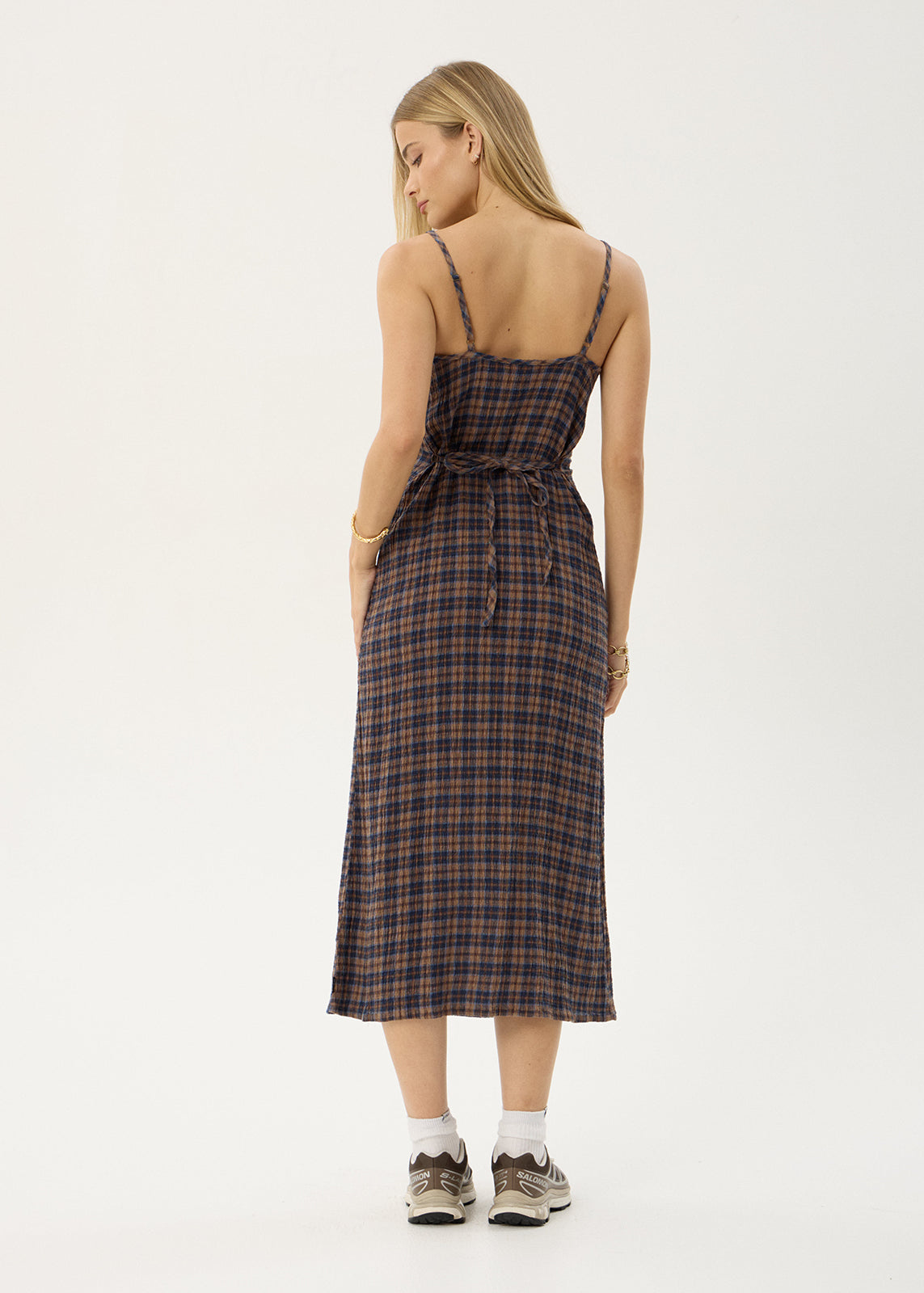 Afends Rumi Seersucker Midi Dress Shev Indigo Check