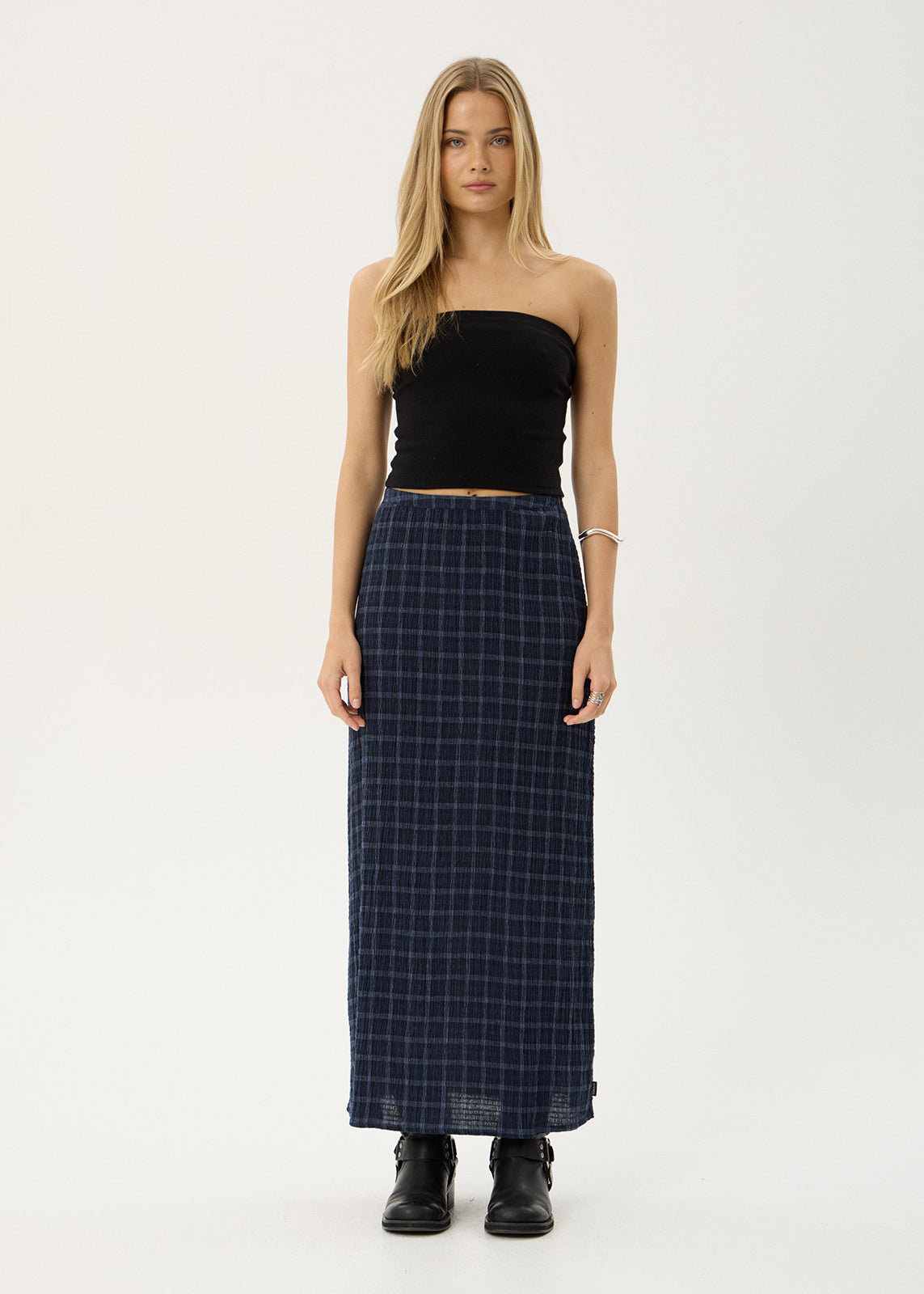 Afends Lita Seersucker Maxi Skirt Thea Midnight Check