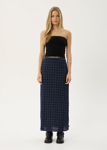 Afends Lita Seersucker Maxi Skirt Thea Midnight Check