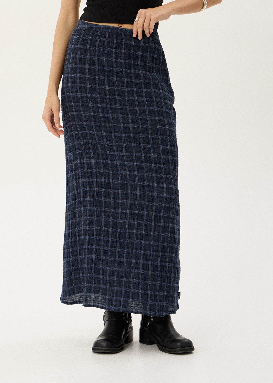 Afends Lita Seersucker Maxi Skirt Thea Midnight Check