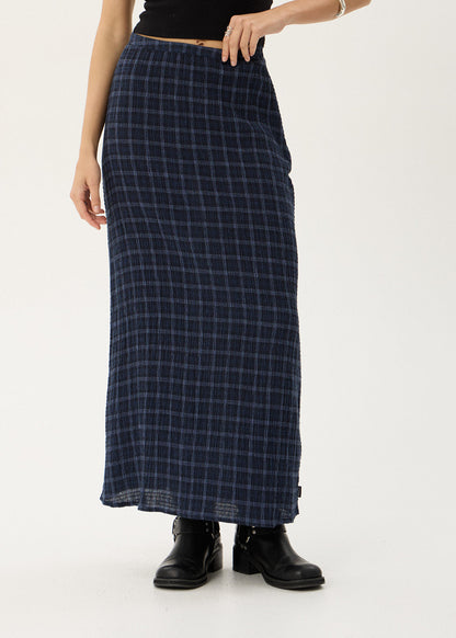 Afends Lita Seersucker Maxi Skirt Thea Midnight Check