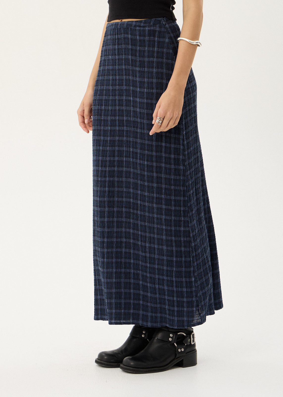 Afends Lita Seersucker Maxi Skirt Thea Midnight Check