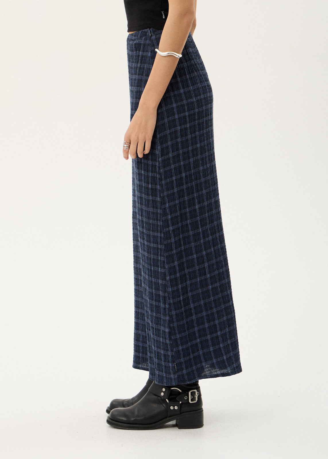 Afends Lita Seersucker Maxi Skirt Thea Midnight Check