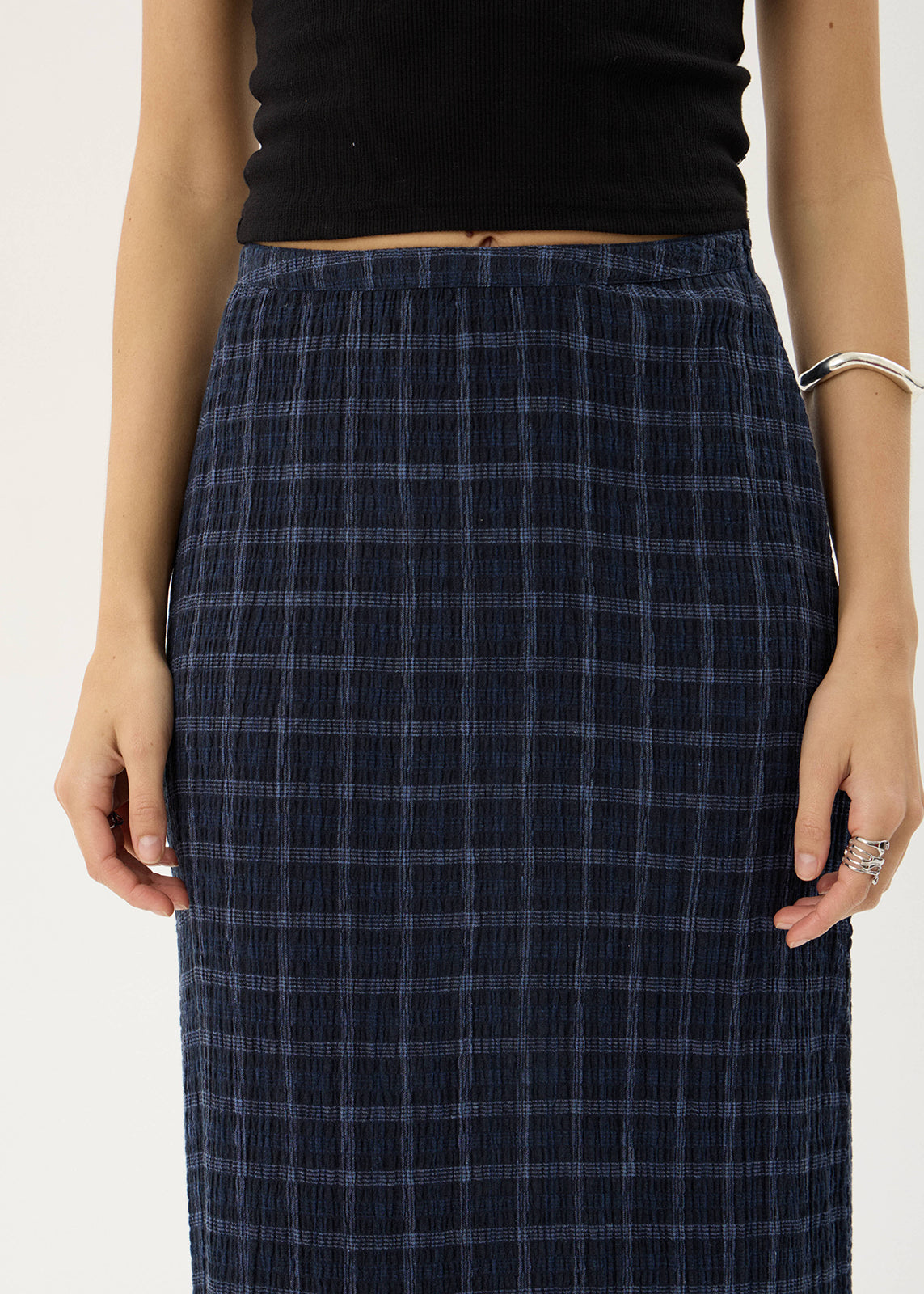 Afends Lita Seersucker Maxi Skirt Thea Midnight Check