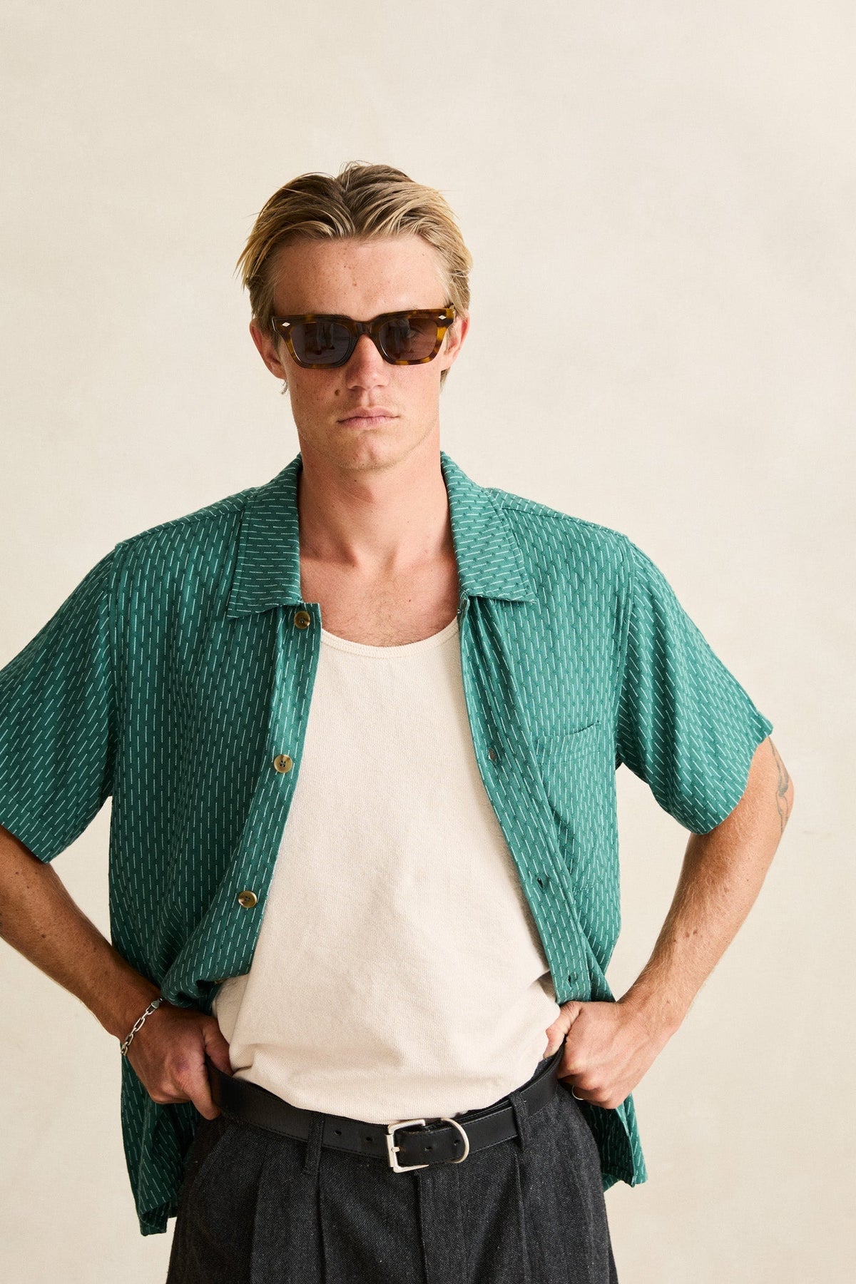Rhythm Linen Float Stitch SS Shirt Pine