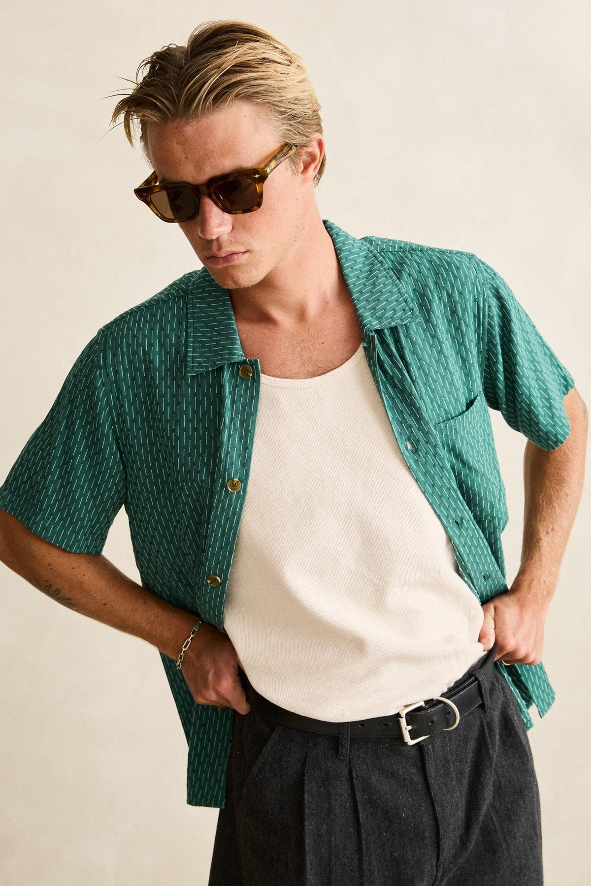 Rhythm Linen Float Stitch SS Shirt Pine