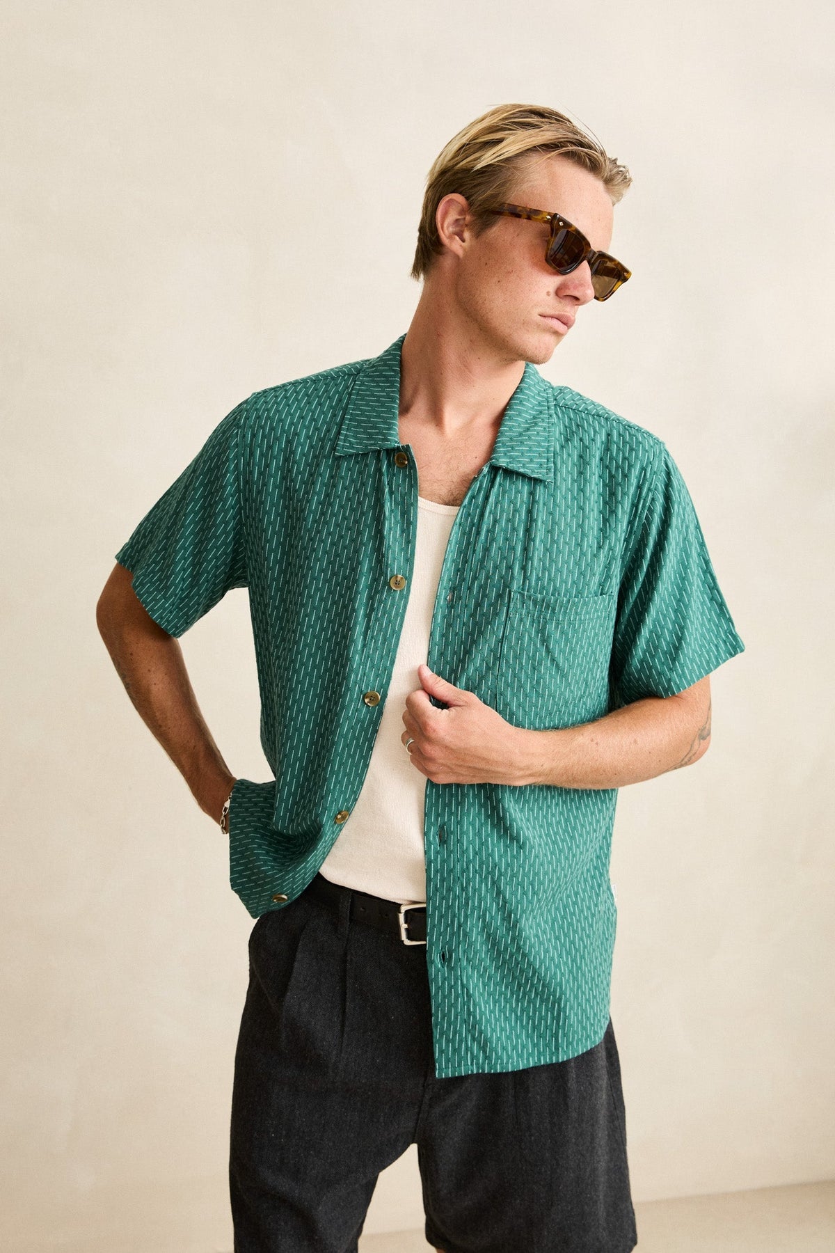 Rhythm Linen Float Stitch SS Shirt Pine