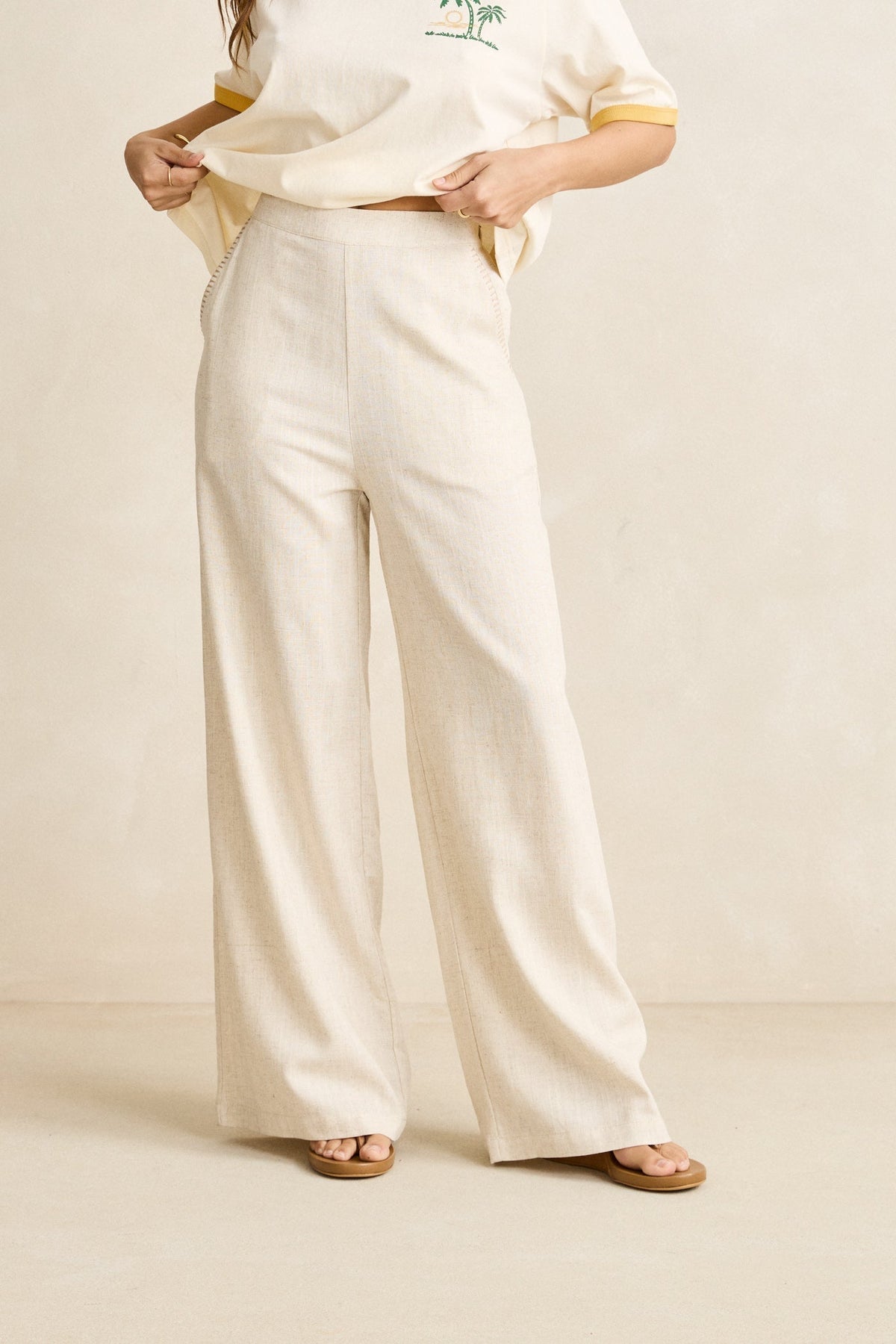 Rhythm Linen Whip Stitch Wide Leg Pant Natural