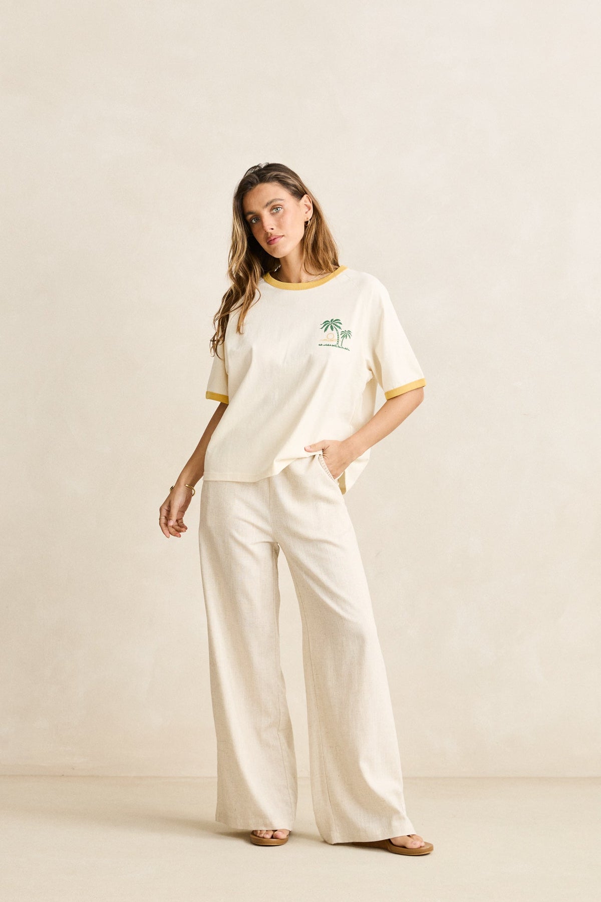 Rhythm Linen Whip Stitch Wide Leg Pant Natural