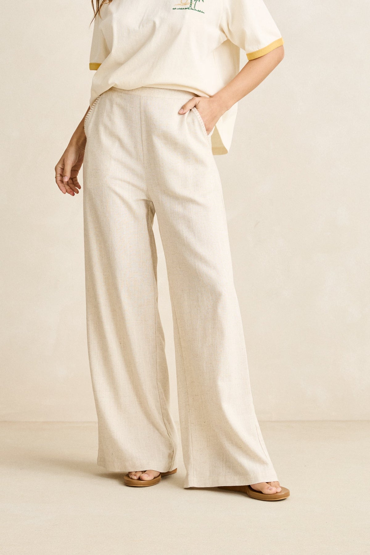 Rhythm Linen Whip Stitch Wide Leg Pant Natural