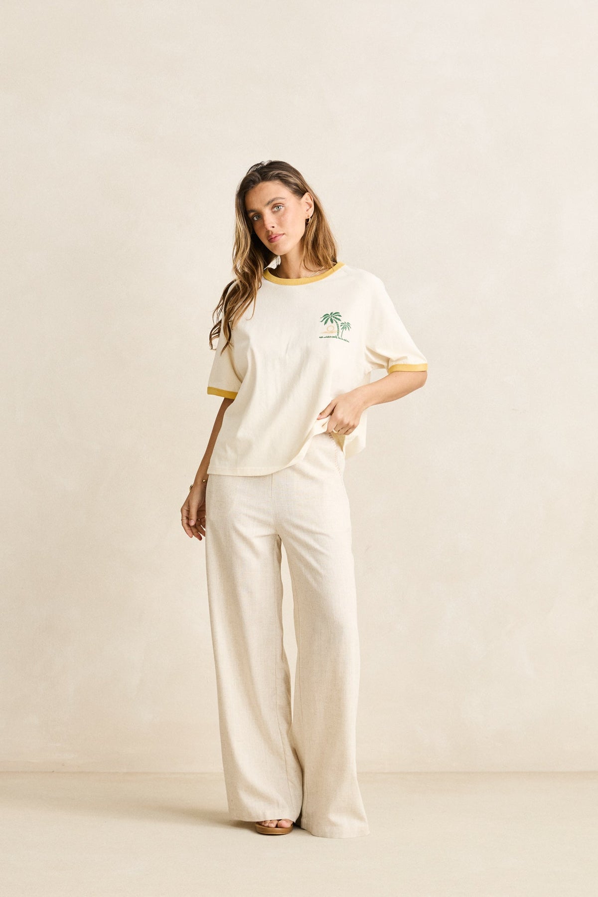 Rhythm Linen Whip Stitch Wide Leg Pant Natural