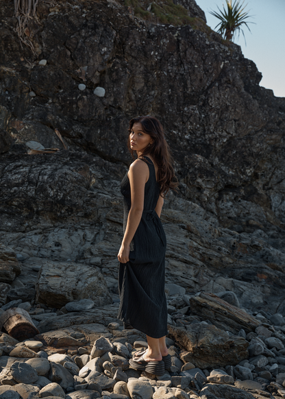 Afends Tully Seersucker Maxi Dress Black
