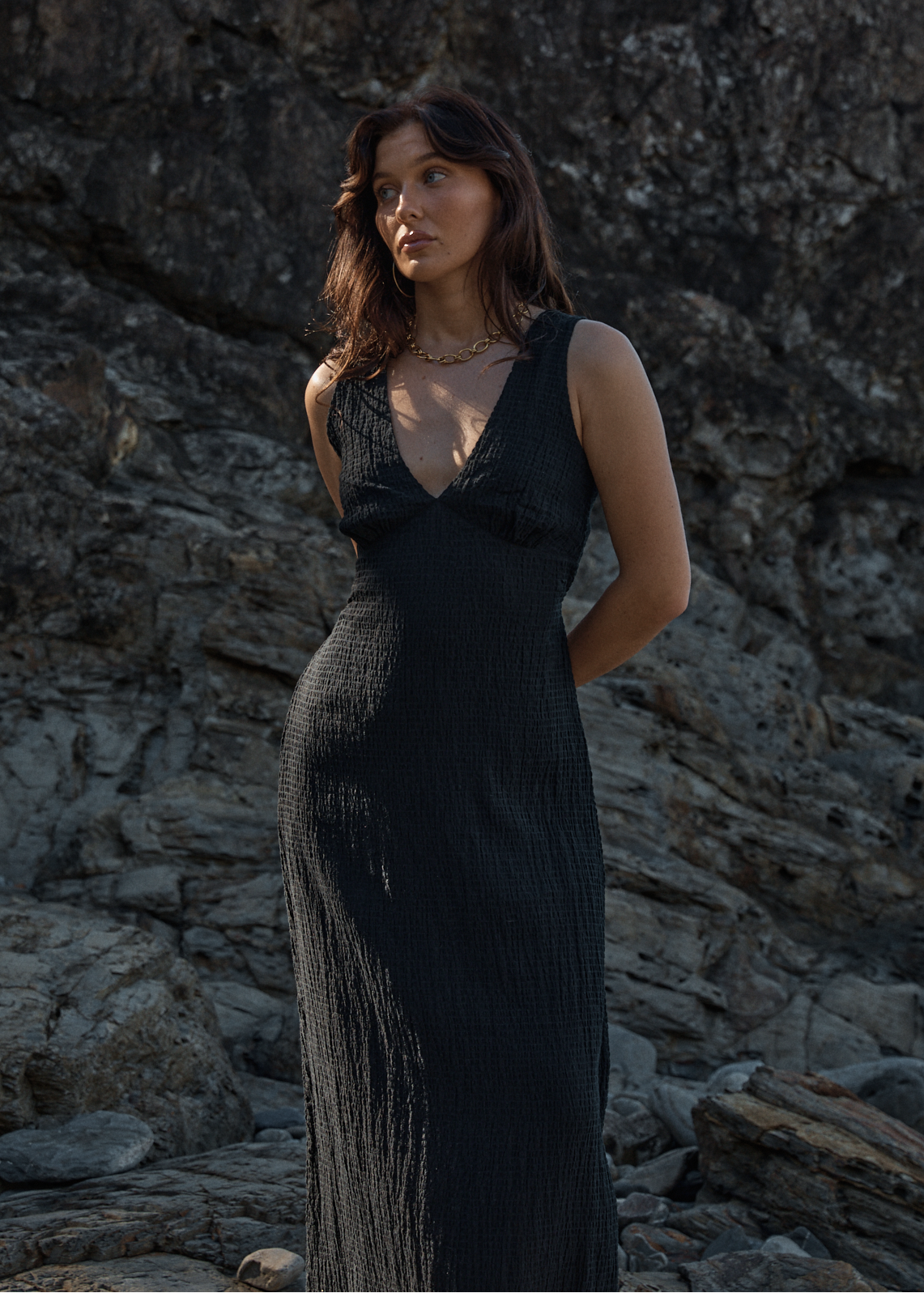 Afends Tully Seersucker Maxi Dress Black