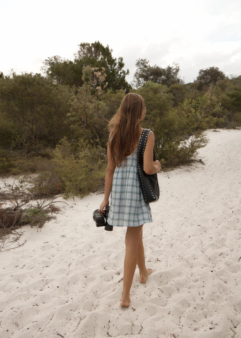 Afends Lagoon Jesse Seersucker Mini Dress- Overcast Check