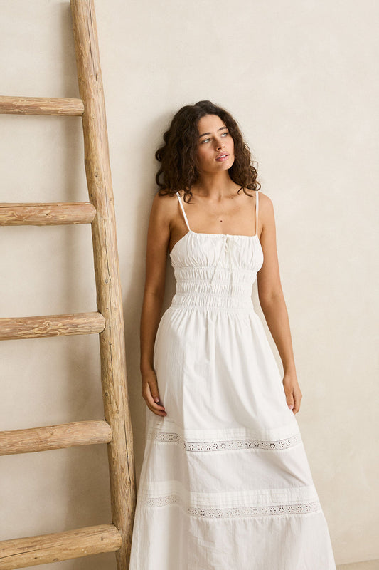 Rhythm Broderie Lace White Gathered Midi Dress