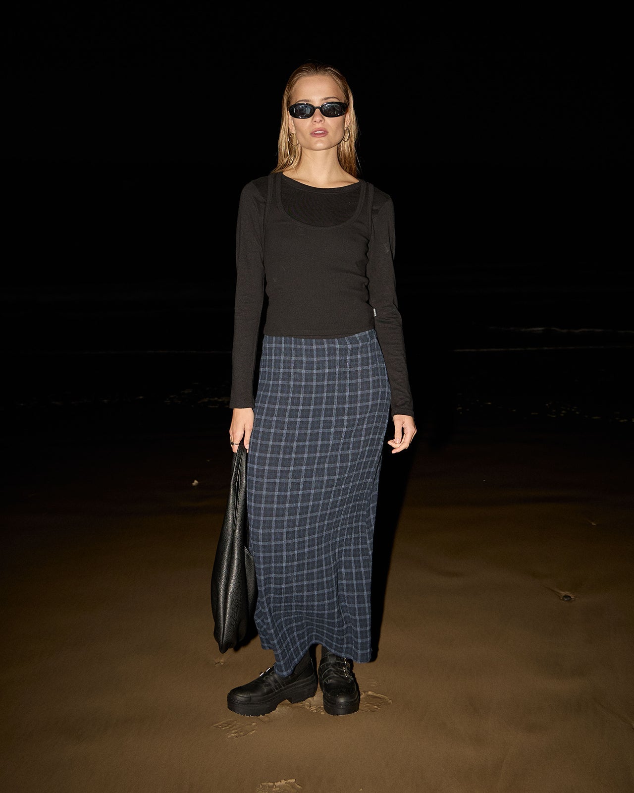 Afends Lita Seersucker Maxi Skirt Thea Midnight Check