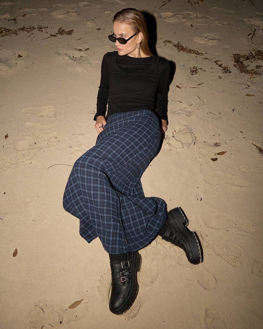 Afends Lita Seersucker Maxi Skirt Thea Midnight Check