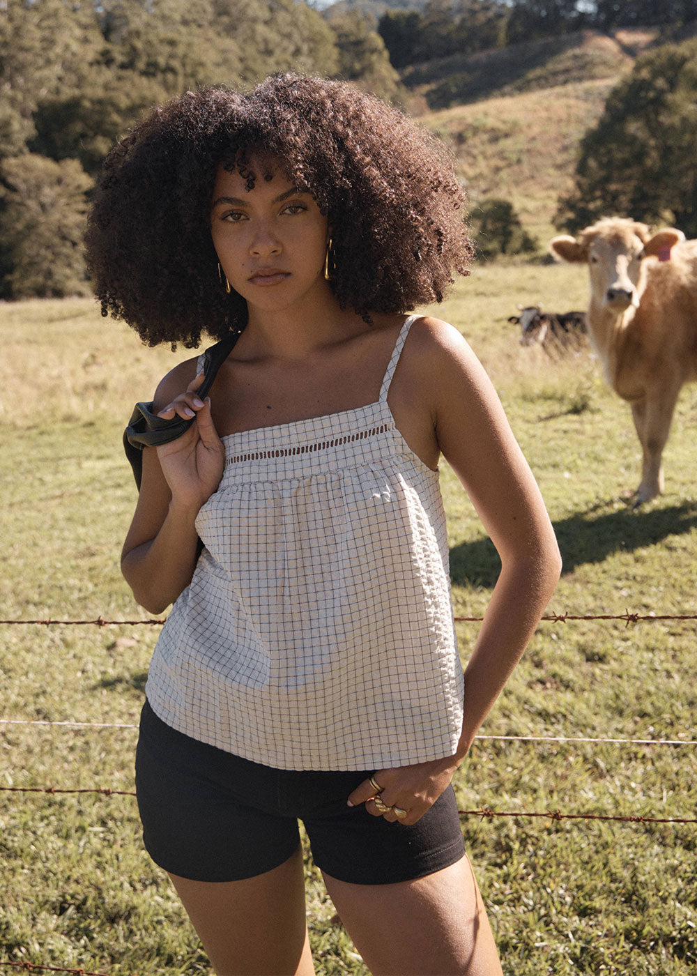 Afends Candice Seersucker Cami Top Moonbeam Check